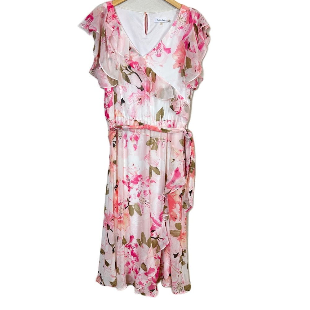 Calvin Klein Floral Chiffon Flutter Sleeve White Pink Dress Women’s Sz 12